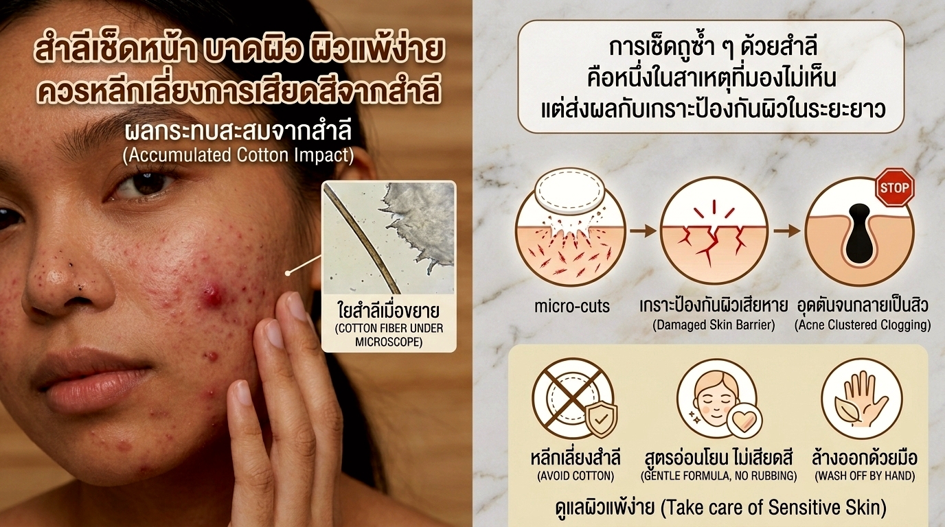 สำลีเช็ดหน้า บาดผิว ผิวแพ้ง่าย ควรหลีกเลี่ยงการเสียดสีจากสำลี